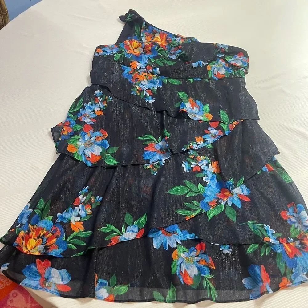 NWT Lauren Ralph Lauren Floral Metallic Georgette One Shoulder Dress Size 14 NEW